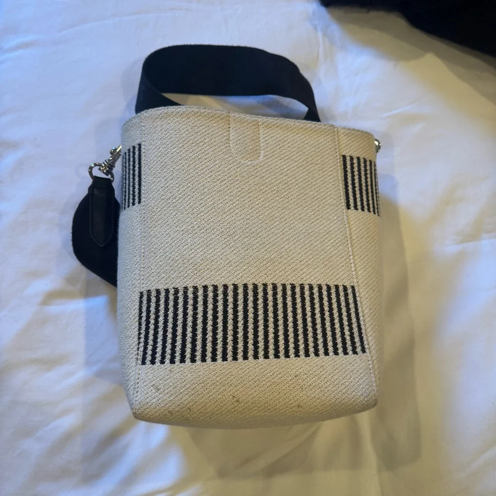 Celine Women Sangle Small Bucket Bag in Textured Canvas - White and Black - Picture 7 of 9